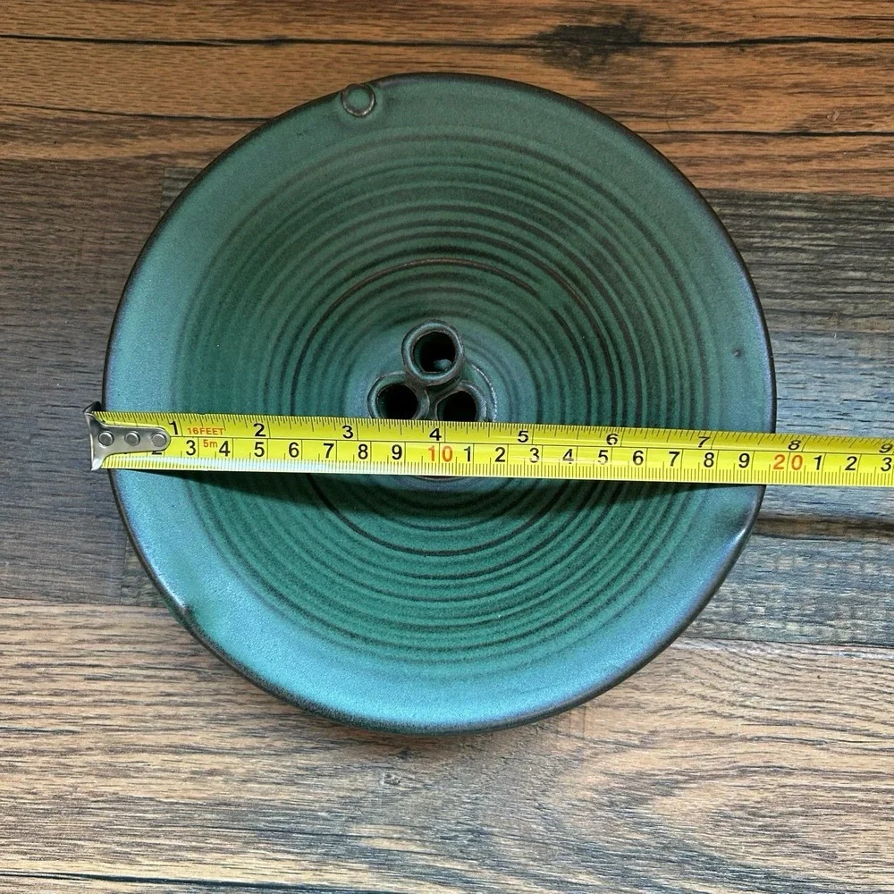 Studio Pottery Flower Frog Bowl Signed Green Glaze Ikebana Vase Holder